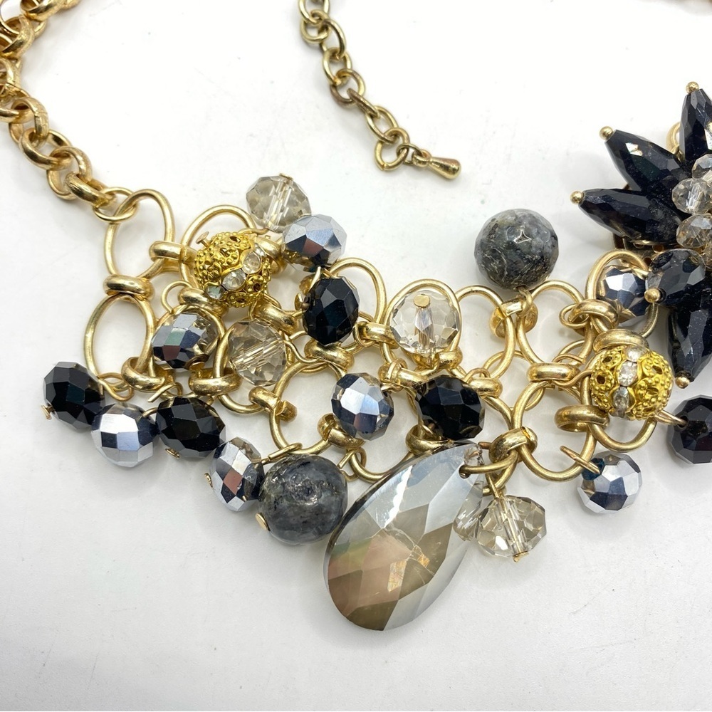 Goldtone & Black Glass Beads Statement Necklace - Picture 8 of 8